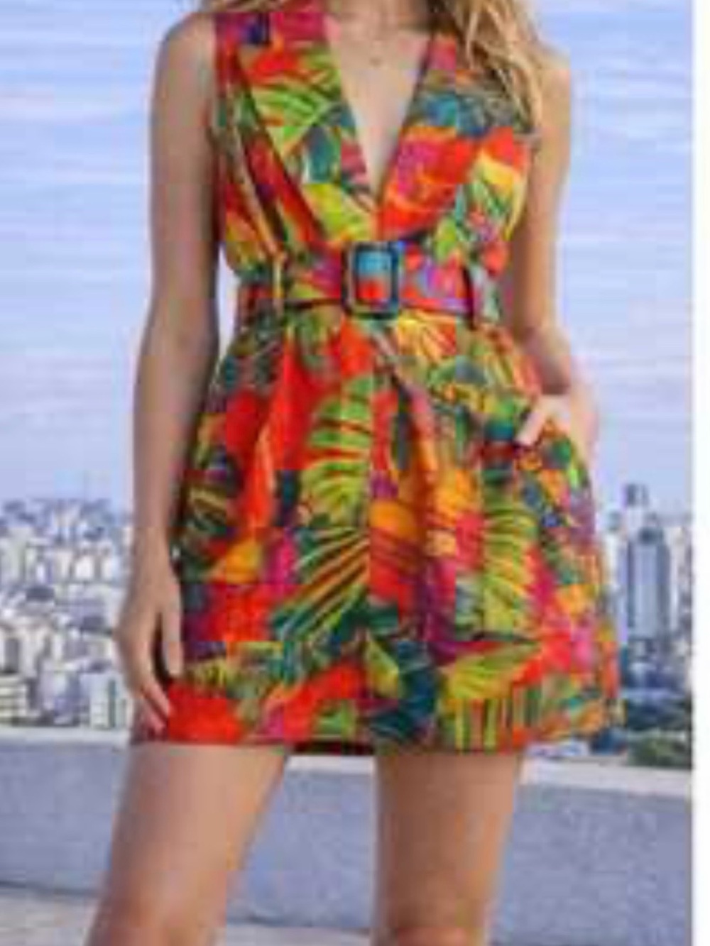 FARM Rio Multicolor Tropical Belted V-Neck Mini Dress